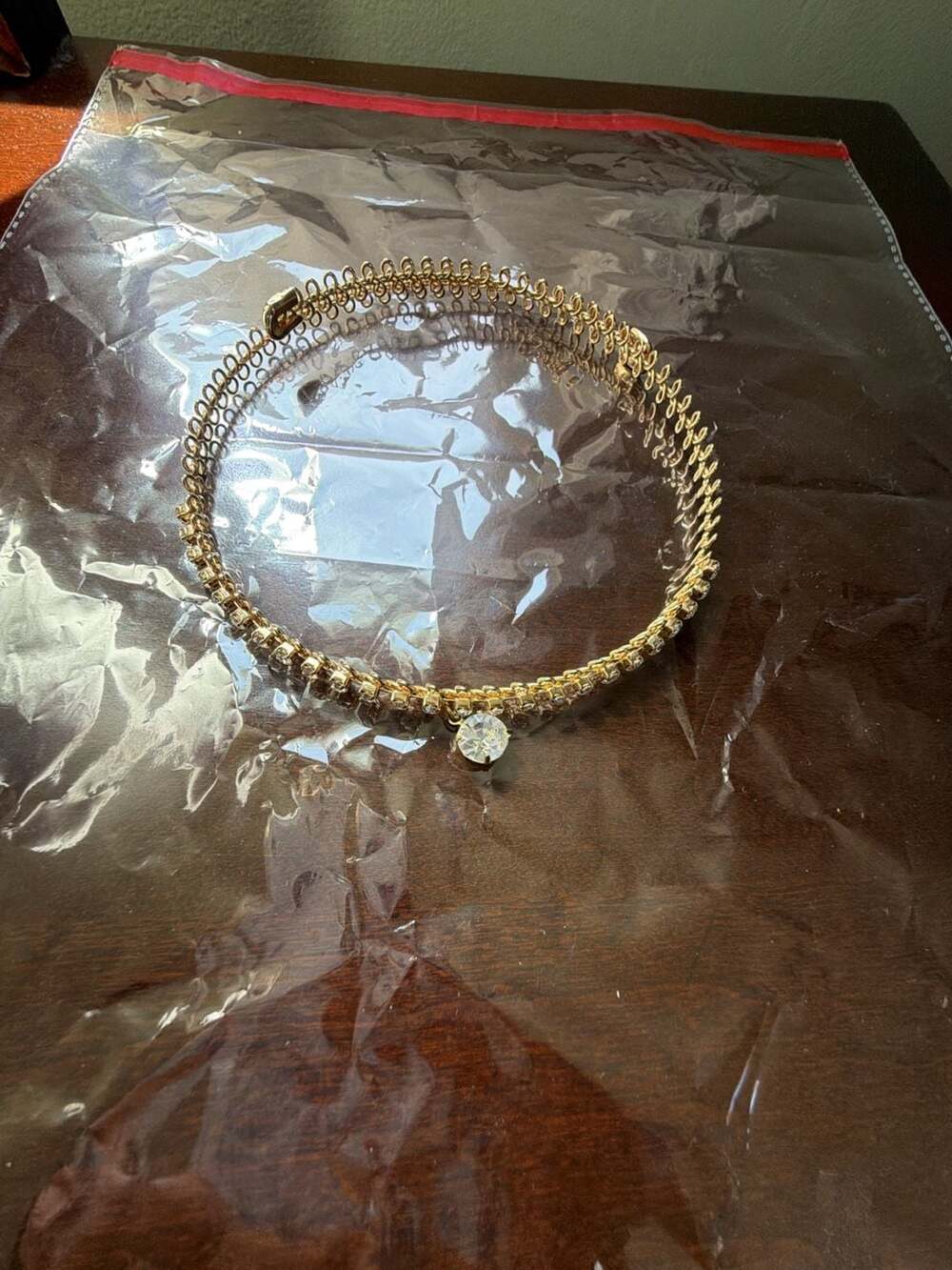 Vintage Gold Tone Choker Necklace with Center Rhinestone Pendant